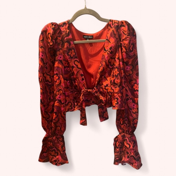 For Love & Lemons Funky Floral Red Flare Davina Tie Front Blouse NWOT Size S - Picture 2 of 8